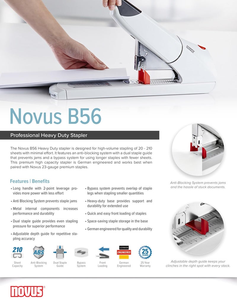 Novus B56 Heavy Duty Stapler, 200 Sheet Capacity, Anti-Jam, 3" Stapling Depth w/ Adjustable Guide, Staple Bypass, German Engineered (023-0059) - Image 5
